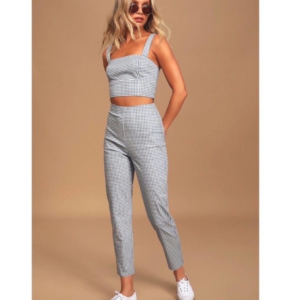 Lulus Blue White High Rise Crop Top Gingham Two Piece Matching Set XS